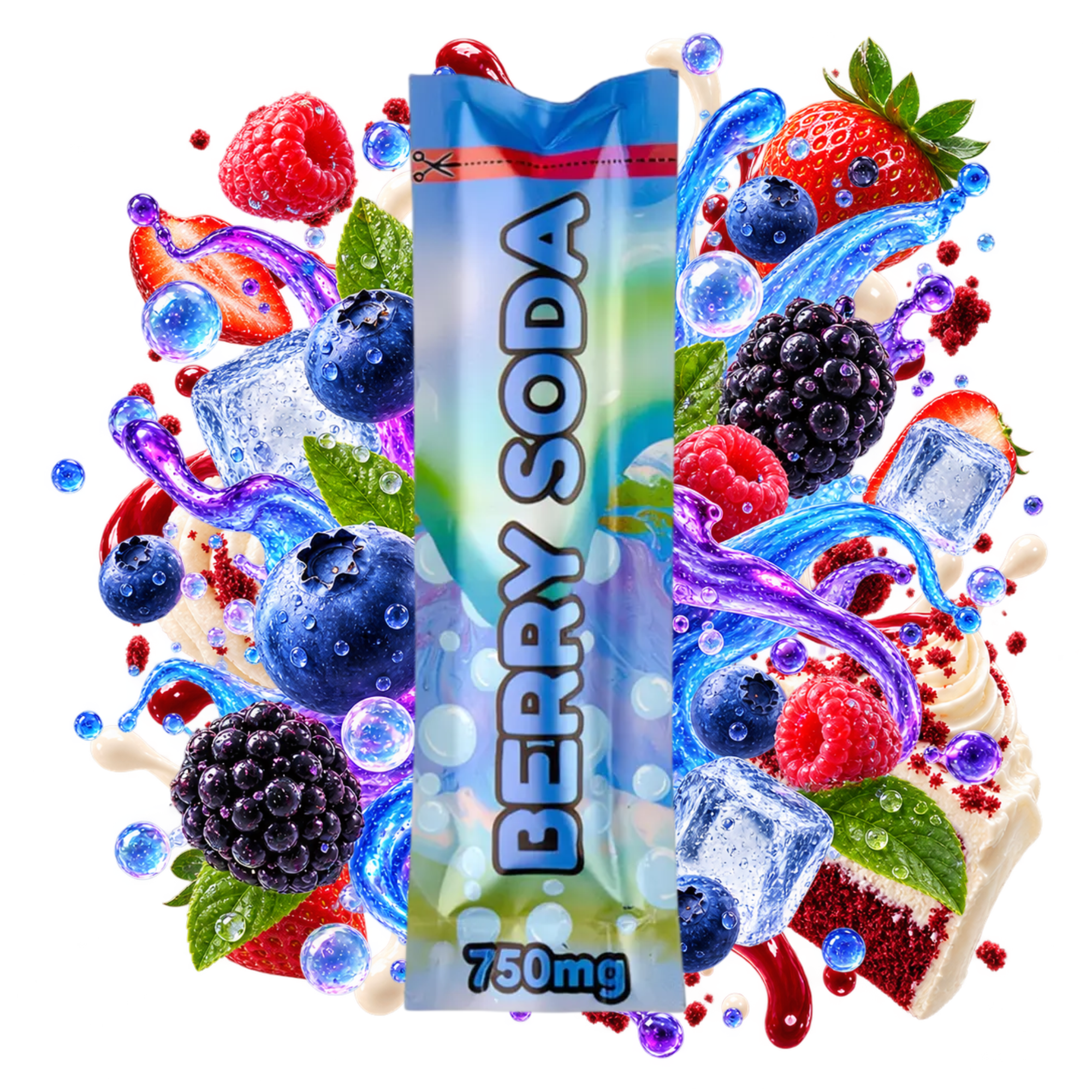 Emballage de vape Berry Soda Delta Lab 750 mg au profil fruits rouges, fruits noirs et notes fraîches