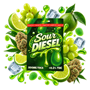 Emballage de cartridge THCA Sour Diesel Delta Lab 800 mg au profil citron vert et raisin