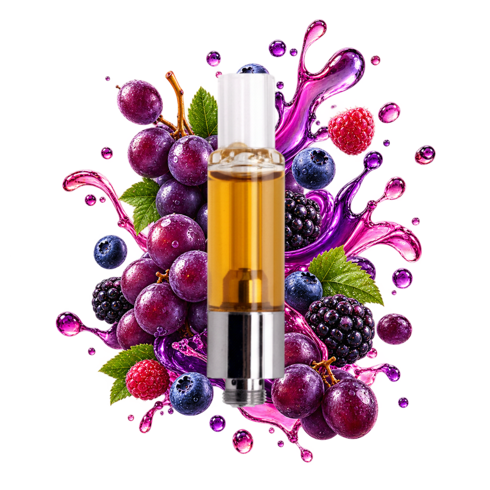 Cartridge THCA Delta Lab entourée de raisin, framboise et fruits rouges