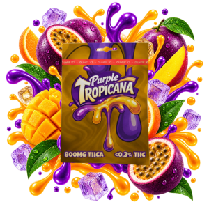 Emballage de cartridge THCA Purple Tropicana Delta Lab au profil agrumes et fruits tropicaux