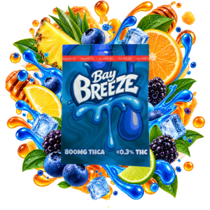 Emballage de cartridge THCA Bay Breeze Delta Lab au profil tropical, agrumes et fruits frais