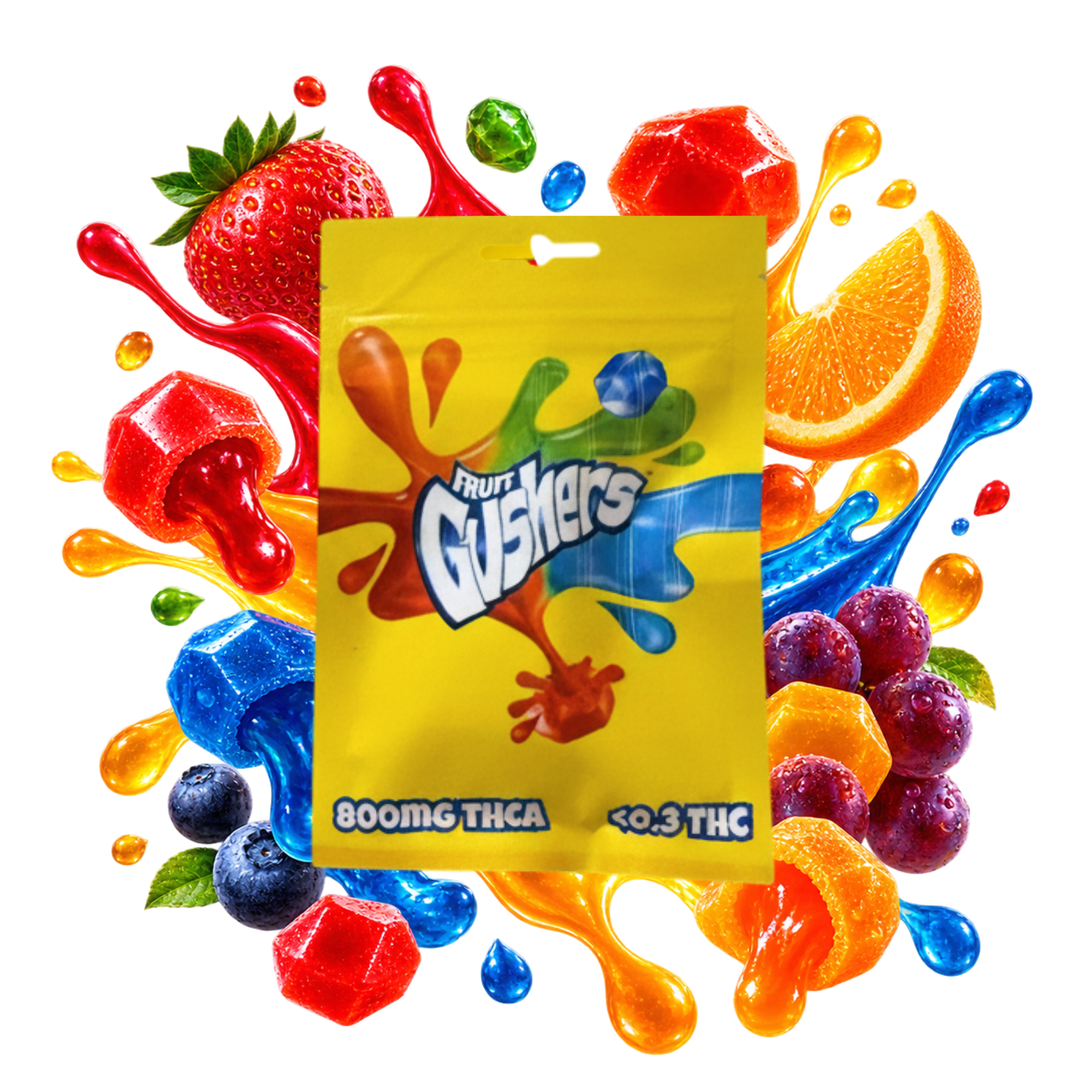 Emballage de cartridge THCA Fruit Gushers Delta Lab 800 mg au profil fruits rouges, agrumes et bonbons fruités