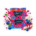 Packaging de vape THCA Double Tank Permanent Runtz x Blueberry Cream Delta Lab, avec myrtilles, crème, glace et gâteau fruité.