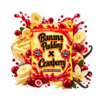 Packaging de vape THCA Double Tank Banana Pudding x Cranberry, avec pudding à la banane, cranberries, vanille et éclaboussures rouges gourmandes.