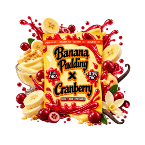 Packaging de vape THCA Double Tank Banana Pudding x Cranberry, avec pudding à la banane, cranberries, vanille et éclaboussures rouges gourmandes.