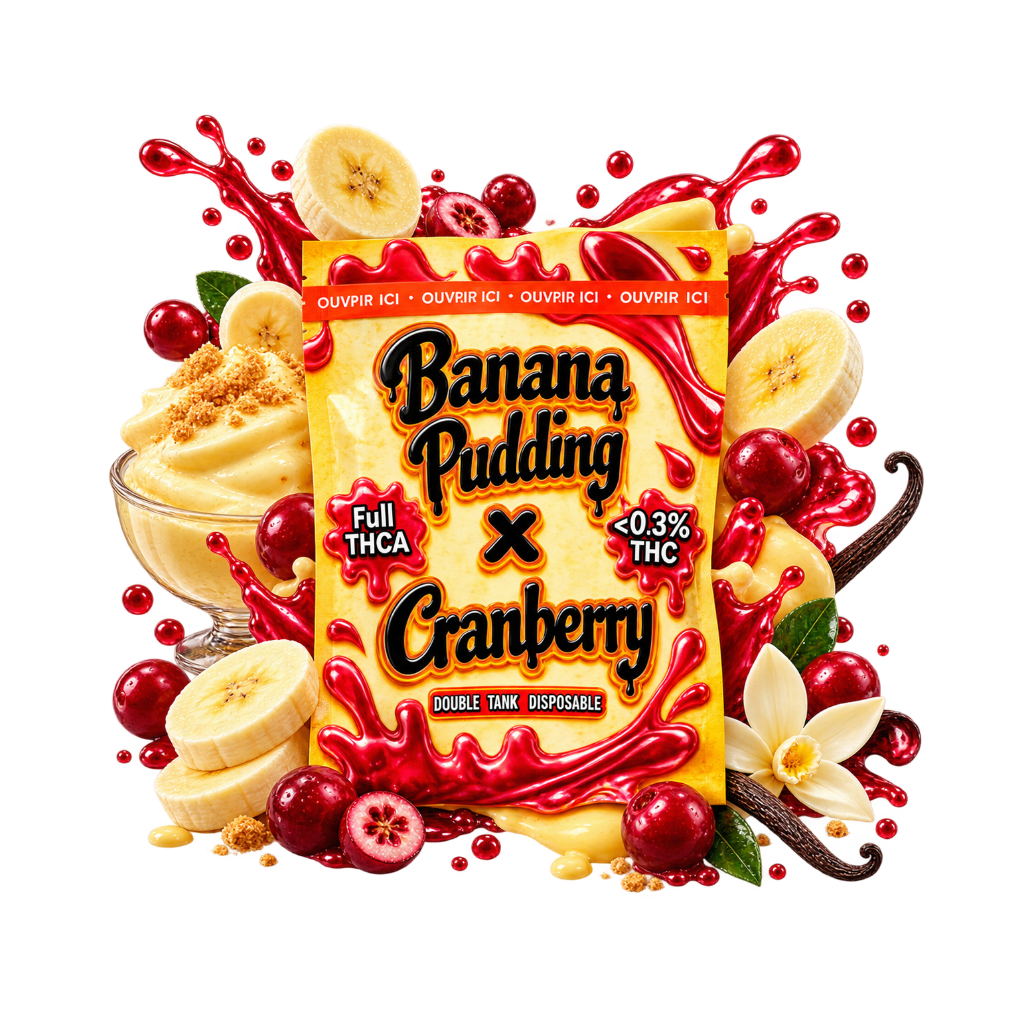 Packaging de vape THCA Double Tank Banana Pudding x Cranberry, avec pudding à la banane, cranberries, vanille et éclaboussures rouges gourmandes.