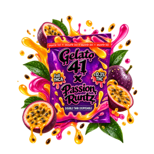 Packaging de vape THCA Double Tank Gelato 41 x Passion Runtz, avec fruits de la passion, feuilles vertes et éclaboussures orange et roses dans un univers fruité et intense.