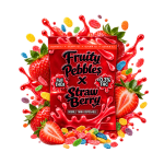 Packaging de vape THCA Double Tank Fruity Pebbles x Strawberry, avec fraises, céréales colorées et éclaboussures rouges dans un univers sucré et fruité.