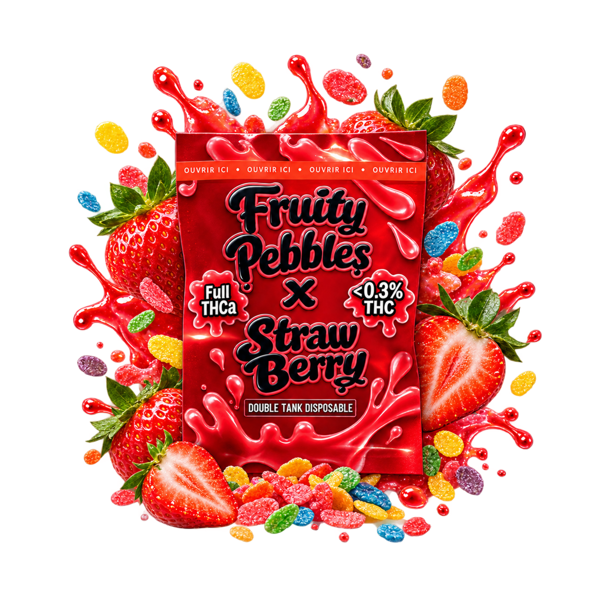 Packaging de vape THCA Double Tank Fruity Pebbles x Strawberry, avec fraises, céréales colorées et éclaboussures rouges dans un univers sucré et fruité.