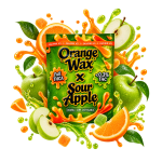 Packaging de vape THCA Double Tank Orange Wax x Sour Apple, entouré d’oranges, de pommes vertes, de feuilles et d’éclaboussures fruitées orange et vertes.