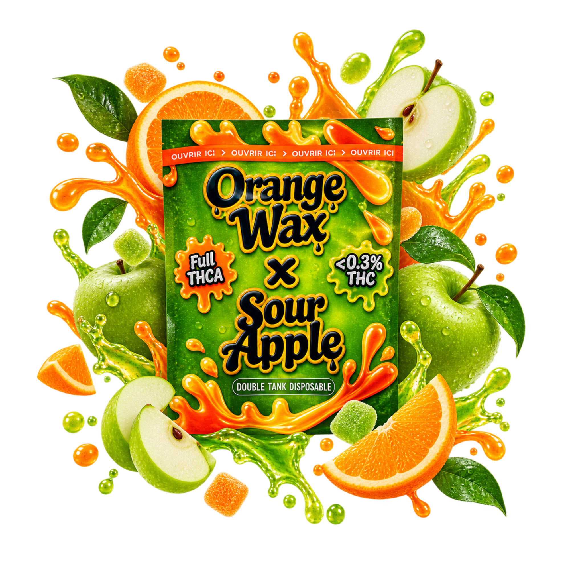 Packaging de vape THCA Double Tank Orange Wax x Sour Apple, entouré d’oranges, de pommes vertes, de feuilles et d’éclaboussures fruitées orange et vertes.