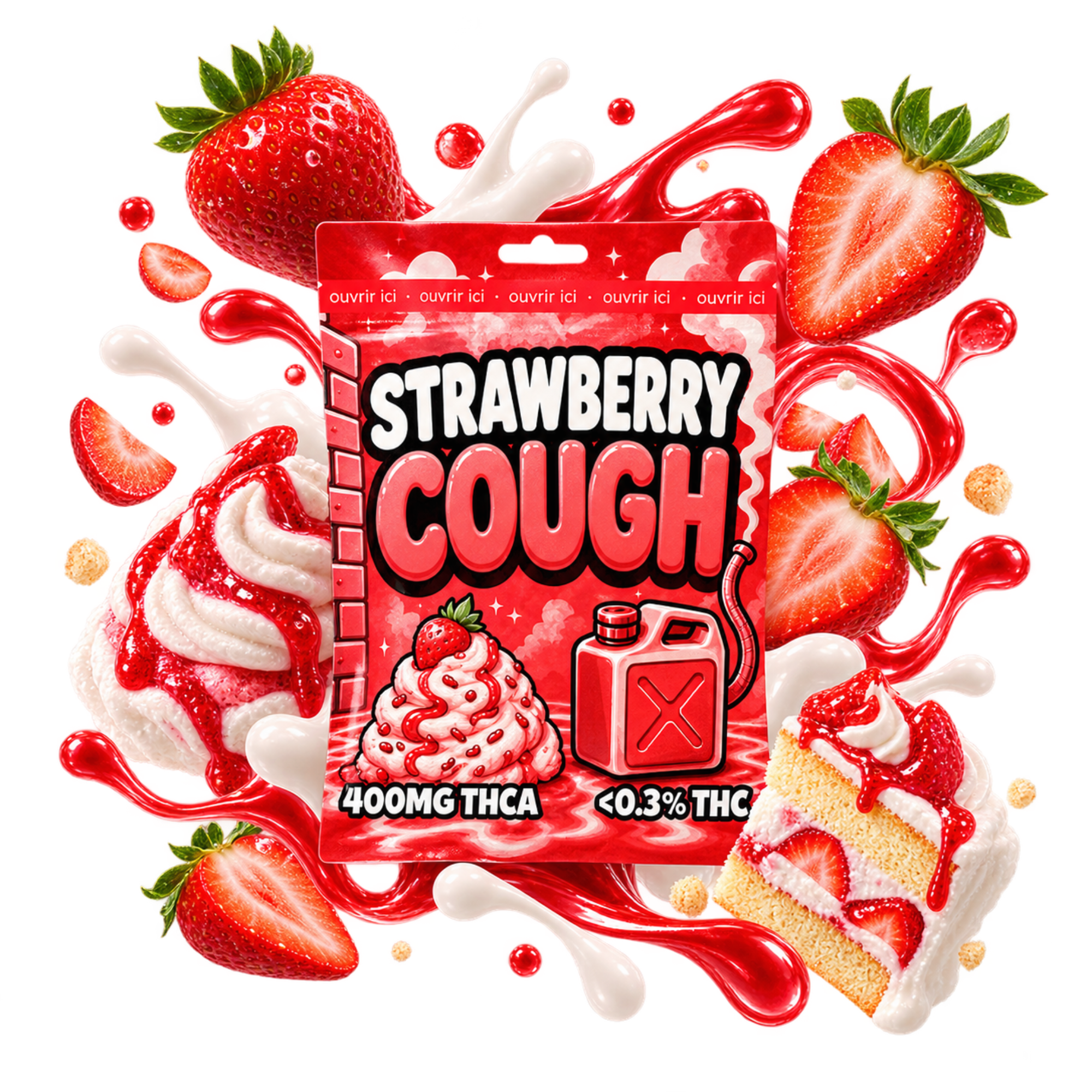 Emballage de cartridge THCA Strawberry Cough Delta Lab 400 mg au profil fraise et notes crémeuses