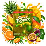 Emballage de cartridge THCA Sunset Tropics Delta Lab au profil ananas, mangue et fruits tropicaux