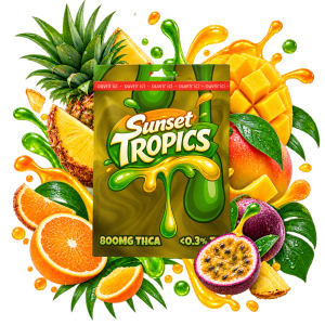 Emballage de cartridge THCA Sunset Tropics Delta Lab au profil ananas, mangue et fruits tropicaux