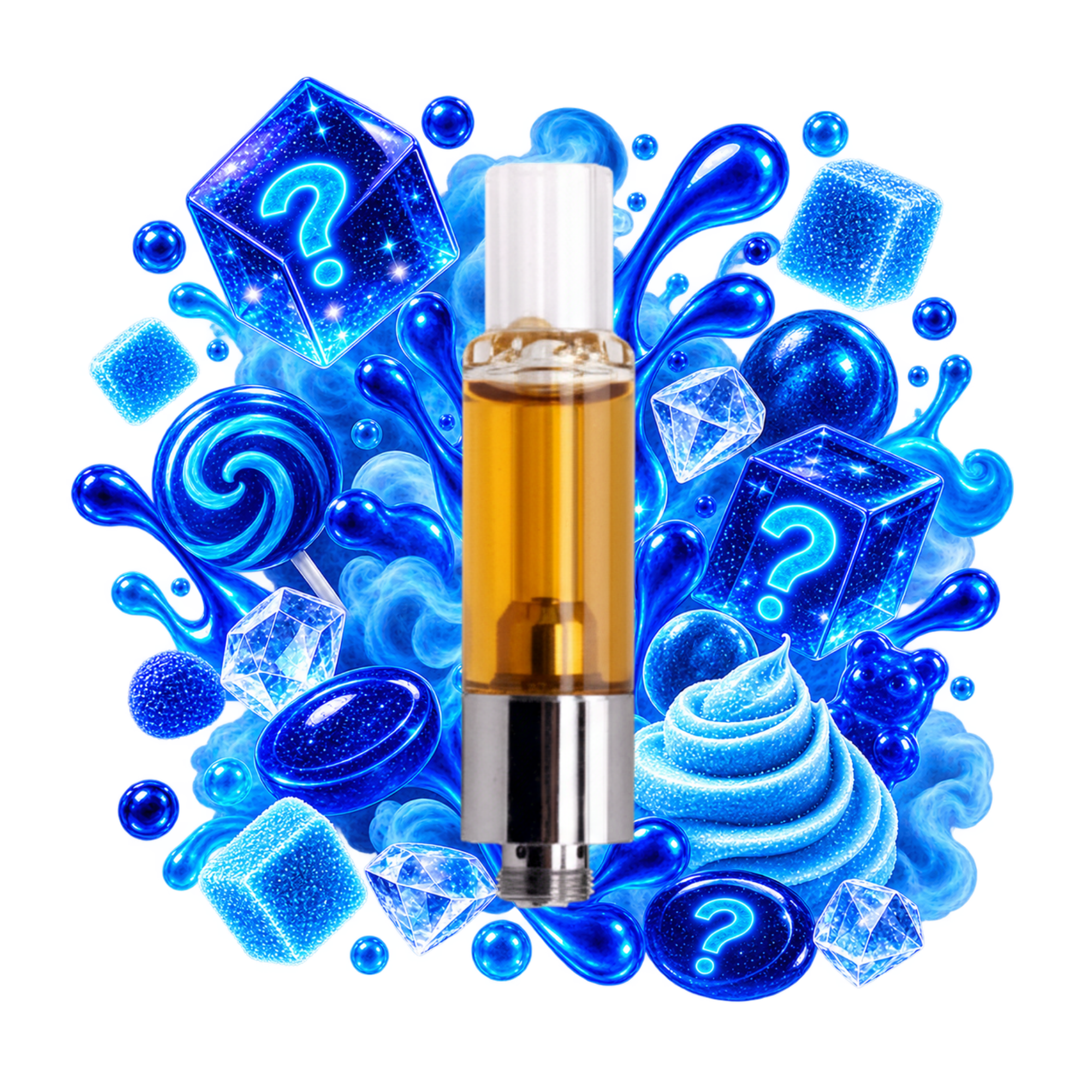 Cartridge THCA mystère Delta Lab dans un décor bleu glacé avec cristaux