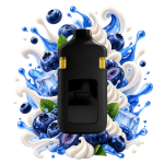 Vape THCA Double Tank Blue Dream x Ghost OG, présentée au centre d’un décor visuel bleu et blanc composé de myrtilles, de volutes crémeuses et de glaçons.