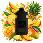 Vape THCA Double Tank PineApple Runtz x Mango Haze, présentée au centre d’un décor tropical composé d’ananas, de mangues, de feuilles vertes et d’éclaboussures crémeuses jaune doré.
