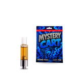 Mystery THCA cartridge filled with golden distillate next to its blue 750mg pouch, hemp vape cart sold in Europe