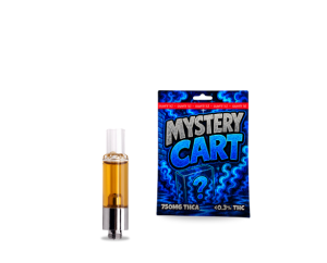 Mystery THCA cartridge filled with golden distillate next to its blue 750mg pouch, hemp vape cart sold in Europe